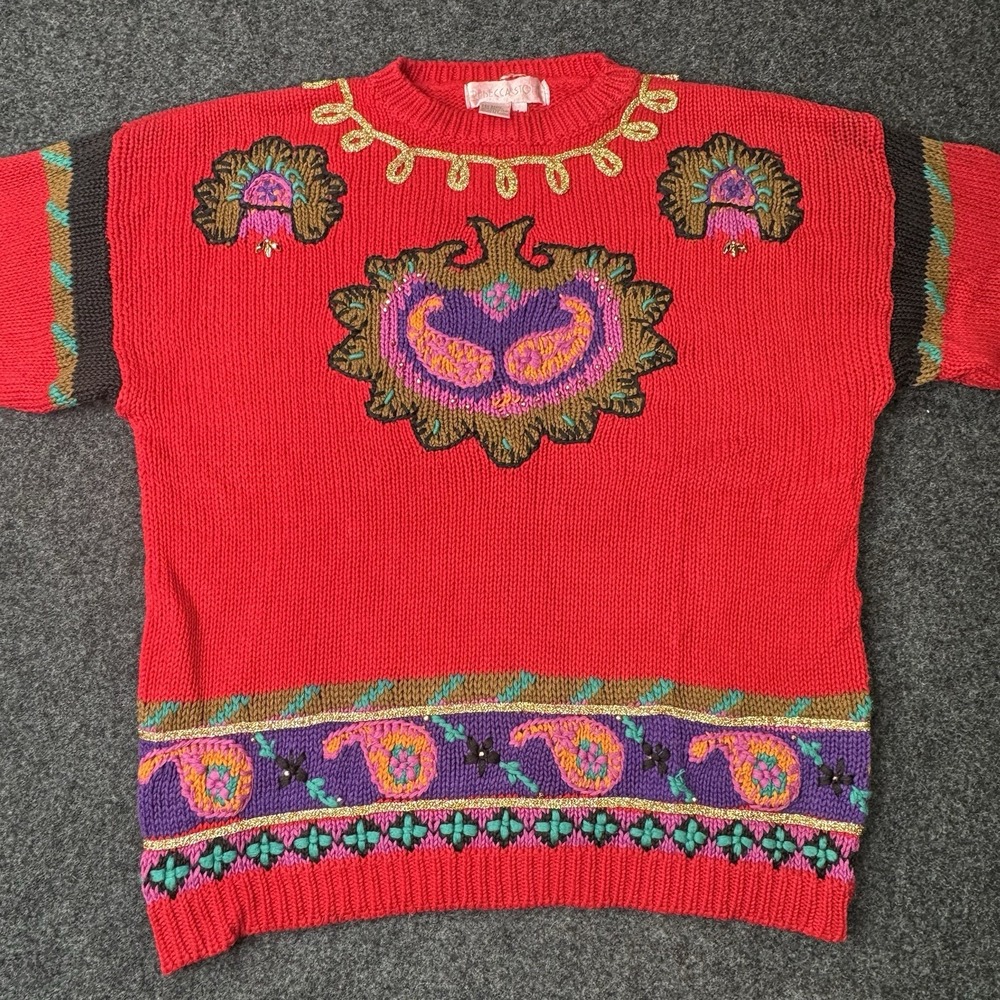 Rebecca Stone Vintage Sweater Women L Red Paisley Embroidered Boho 90s